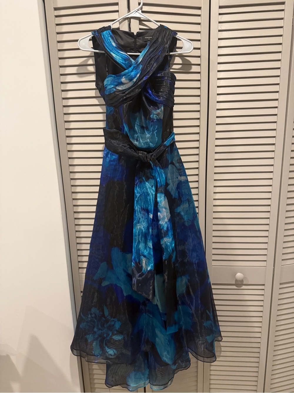 Tahari Black and Blue Floral Evening Dress with Twisted Bodice